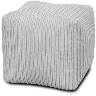Bags of Beans Soft Corduroy Cube Pouffe Bean Bag Pre-Filled - Platinum | Square Ottoman - Comfortable Ergonomic Portable Footstool - Living Room & Bedroom Furniture - 36(D) x 36(W) x 36(H)cm