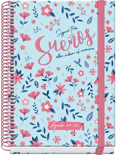 Dohe - Skolkalender 2025 2026 - Vecka per uppslag, Storlek A5 (15x21 cm), Spanska och Engelska, September till Juni, Spiralbindning och Resårband, Hårt omslag, 4 Klistersidesark - PRIME Blossom