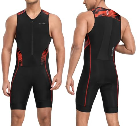 Santic Triathlondräkt för män vadderad onepiece ärmlös pro triathlon-dräkt racingsport trisuit kortärmad cykelsportdräkt för cykling simning löpning, röd, L