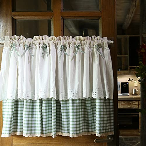 A.Monamour Cortina Cocina Ventana Puerta Corta Pequeña Tela Escocesa De Cuadros Buffalo Azules De Algodón Blanco con Lazo Bolsillo para Varilla Panel Cenefa Rustica Bistro para Dormitorio Café Baño