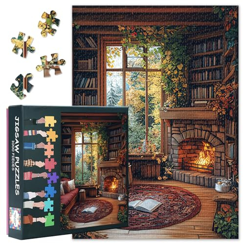 Jigsaw Puzzles for Adults 1000 Bookshelf - Hard Difficult Challenging Family Puzzle Autumn Landscape, Educational Puzzle Games Home Decoration 27.5x19.7 Inch (Library Series)