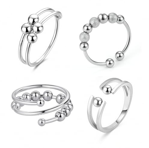 JYNXOR 4Pcs Bague Anti Stress,Bague Anxiete Femme,Bague Acier Inoxydable Femme Anneau Tournant Anneau Ouvert Spinner Avec Perles Rotative Tournant Cadeaux De Bijoux Empilables Pour Femme Fille(Argent)