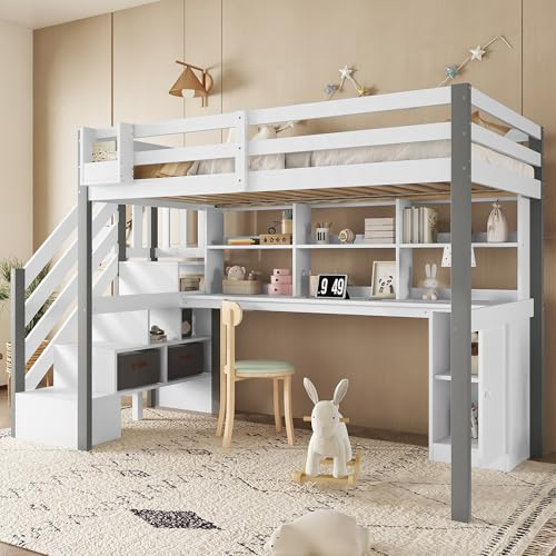 BXEYXE halvhög säng. Med tygförvaringslåda. Stort förvaringsutrymme. Sidoledare Öppen hylla Ungdomsbyxor med skrivbord och förvaringsfack. Furu + MDF. Vit + grå. 90 x 200 cm