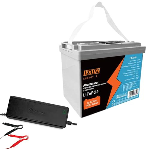 Lexton Batería LiFePO4 12,8 V 70Ah con BMS Bluetooth y Cargador LTC Energy 14,6V 20A Incluido Acumulador de Litio Fosfato para Sistemas Solares Off Grid Camping-Cars Barcos y Alimentación
