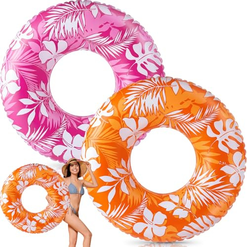 Silipull 2 Pcs Large Adult Float Tube 47.24 Inches Hawaii Inflatable Pool Ring Floats Single Sided Printing Inflatable Pool Tube Swimming Ring for Adults Summer Beach(Hawaii,Rose Red,Orange)
