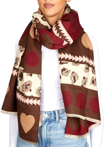 BRUBAKER Cashmirillo Damen Schal mit Herz Muster - 70 x 200 cm - Warm, Kuschelig & Oversized - Damenschal für Herbst & Winter - Winterschal - Weiches Kaschmir-Gefühl - Bordeaux Rot, Braun & Rosa