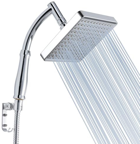 Voolan Soffione a Pioggia con Braccio Doccia a Mano, Soffioni Doccia ad Alta Pressione con Finitura Cromata di Lusso, Soffione a Cascata Quadrato da 15cm con Braccio di Estensione e Kit di Supporto
