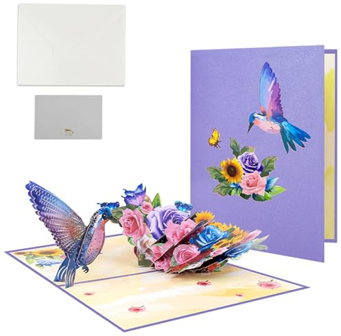 3D Pop Up Birthday Card, Blue Hummingbird Handmade Greeting Card for Mum and Wife, Flower Pop Up Cards for Mothers Day and Anniversary