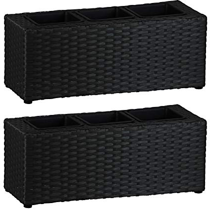 simpa andmade Poly Rattan Mini Tri-Pot Trough Planter Black Poly Rattan Planter & 3 Insert Pots - 18cm (H) x 48cm (W) x 18cm (D) - Suitable for Indoor and Outdoor use - Set of 2