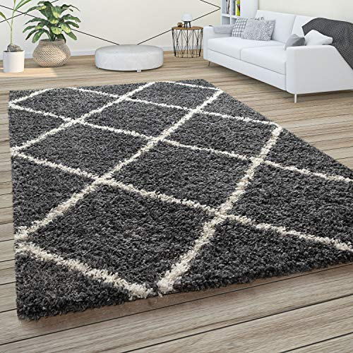 Paco Home Hochflor Teppich Wohnzimmer Schlafzimmer Shaggy Skandinavisch Rautenmuster, Grösse:60x100 cm, Farbe:Anthrazit
