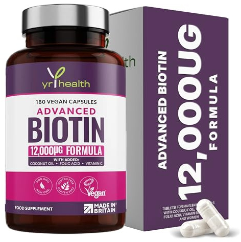 Biotin Hair Growth Supplement 12,000mcg, 180 Vegan Capsules not Biotin Tablets for Hair Skin and Nails with Coconut Oil, Vitamin C & Folic Acid, Vitamin B7 for Men and Women - Made in UK by YrHealth