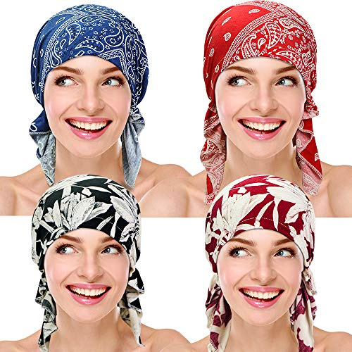 4 Pieces Women Chemo Hat Turban Beanie, Pre-Tied Headwraps Headwear Bandana for Hair Loss