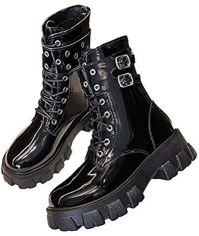 ticticlily Damen Stiefeletten Biker Boots Leicht Gefüttert mit Blockabsatz Schnallen Gesteppt Damen Stiefeletten Schlupfstiefel Warm Gefüttert Schwarz 40 EU