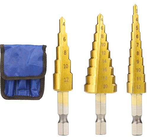 4 Pcs Step Drill Bit Sets,Cone Drill Bit Set,Hex Shank Metric Quick Change with Impact Driver for DIY Woodworking,Metal,Plastic(3-12/4-20/4-12mm)