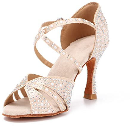 Syrads Womens Professional Latin Dance Shoes Open Toe Salsa Bachata Dance Shoes Glitter Strass Salsa Latin Dancing Heels,Colore Chiaro 9cm Heel,39 EU