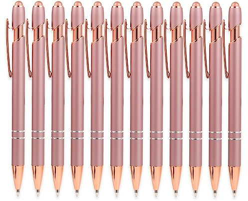 MengRan 12 st roséguld pennor med stylus spets, svart bläck medium spets kulspetspennor, pekpennor för pekskärmar (12 rosa guld)
