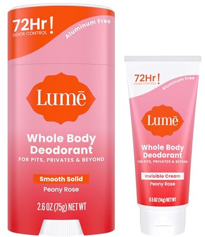 Lume Whole Body Deodorant - Invisible Cream Tube Mini + Solid Stick Bundle - 72 Hour Odor Control - Aluminum & Baking Soda Free, Skin Loving (Peony Rose)