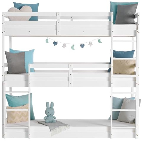 Homestyle4u Hochbett dreier mit 3 Matratze & 3 Lattenrosten, Etagenbett für 3 Kinder 90x200 cm Weiß, platzsparendes Hochbett, Kinderbett mit 2 Leitern, Dreifach Bett aus Holz | Artikel 2644