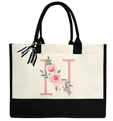 Sac fourre-tout ZHONYEE de plage en toile initiale personnalisé sac de plage avec doublure imperméable pour femme, mariage, anniversaire, vacances, enseignant - Rose