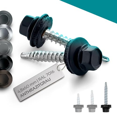 VOOXA 50 st trapetsskruvar 4,8 x 60 mm vezinkat stål antracit RAL7016 | Självborrande tunna plåtskruvar med EPDM-tätningsskiva | sexkantshuvud SW8 | antracitgrå