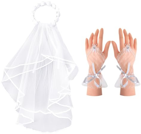 1 pieza de velo de guirnalda blanca, 1 par de guantes de encaje con gancho, copete de varias, velo de novia, velo con bordes, guirnalda de rosas, accesorios de boda