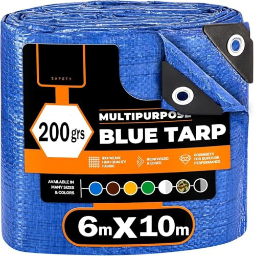 Telo Impermeabile Esterno, Telo Copritutto, Campeggio, Teli Impermeabili Per Esterno, Telo Occhiellato Antistrappo, Coperture Polietilene Multiuso, Telone impermeabile per esterno (6m x 10m 200grs)