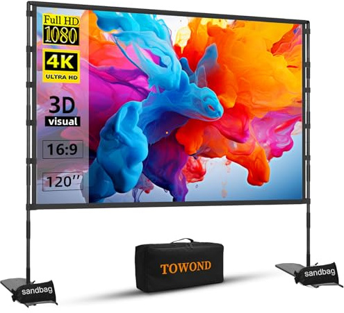 TOWOND Projector Screen and Stand, 120 inch Outdoor Projector Screen Indoor, Portable Movie Screen 16:9 4K Front Rear Projection Screen with Carry Bag Wrinkle-Free Design for Home Backyard Theater