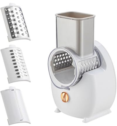 Rallador eléctrico, picadora de Verduras eléctrica de 50 W, picadora de Verduras Multifuncional con 3 Juegos de Cuchillas Intercambiables, operación con un Solo Toque para Queso, Pepino, Zanahoria