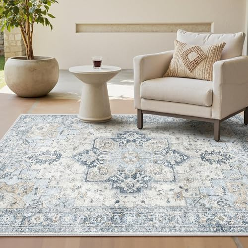 GENIMO - Tappeto Vintage 140x200cm - Antiscivolo, Facile da Pulire, Con Pelo Corto - Per Soggiorno, Camera da Letto - Blu