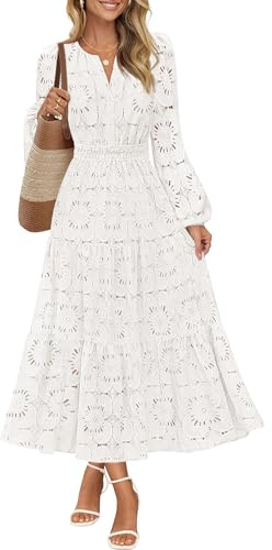 MEROKEETY Women's Fall Long Sleeve Floral Maxi Dress Lace Eyelet Hollow Out Tiered Boho Wedding Guest Dresses Pockets, White, Medium