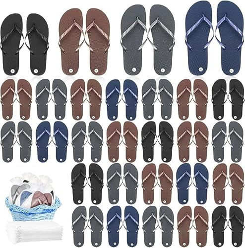 24 paia di infradito in set per matrimonio, sandali per ospiti, pantofole da hotel e spa, pantofole casual con cartone di dimensioni assortite e borsa con coulisse (blu, grigio, marrone, nero)