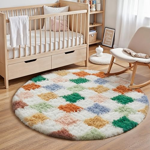 HUGEAR Rutig fluffig matta rund 120 cm flerfärgad shaggy-matta