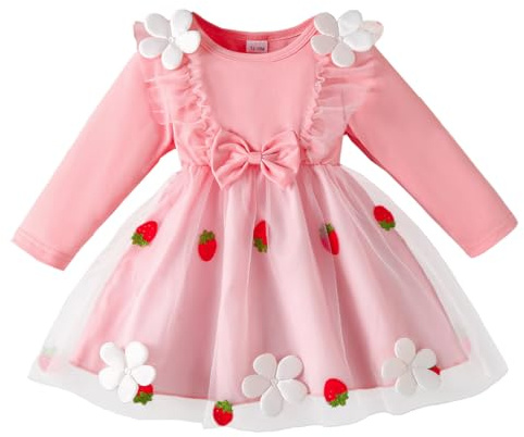 LUVCES Vestido para Bebé Niña Estampado Floral y Volantes Manga Larga Vestido de Tutú Faldas Primavera Otoño Ropa Trajes Fresas Rosas y Flores 2-3 Años
