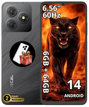 OSCAL Flat 2C Smartphone, Android 14 Go, 6 Go+64 Go (Jusqu’à 2 to TF), Écran 6,56″ HD+ IPS 60 Hz, Octa-Core Unisoc T603, Caméra 13+8 MP, Batterie 5000 mAh, Dual SIM/GPS/Face Fill Light, Noir Fantôme