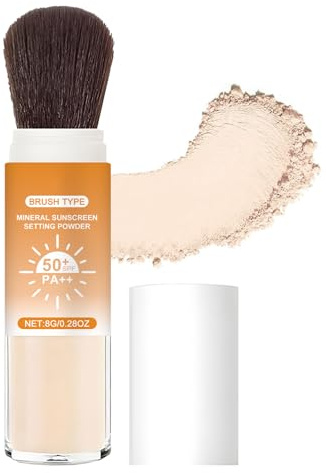 Polvere solare minerale SPF 50, cipria fissante sciolta con pennello, controllo del sebo e cipria fissante opaca a lunga durata, impermeabile, setosa, leggera e traspirante, adatta a tutti i tipi di