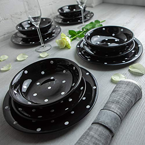 City to Cottage® Black and White Handmade Hand Painted Ceramic 12 Piece Tableware Set | Polka Dot Spotty Dinnerware Service for 4 | Dinner Plates | Side Plates | Bowls Crockery Set