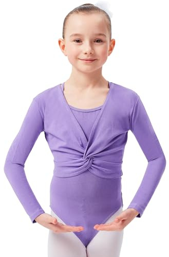 tanzmuster ® Ballettjacke Mädchen Langarm - Mia - aus sehr weichem Baumwollstoff Ballett Top zum Reinschlüpfen in lavendel, Größe 104/110