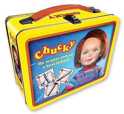 AQUARIUS Chucky Fun Box - Sturdy Tin Storage Box with Plastic Handle & Embossed Front Cover - Officially Licensed Child's Play Merchandise & Collectible Gift, Yellow, 8.63 x 3.88 x 6.75, Retro