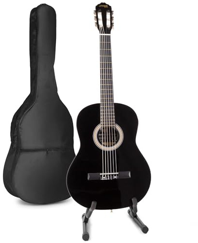 MAX SoloArt Guitare Acoustique Classique avec Support de Guitare - Noir, Idéal pour Animer vos Soirées