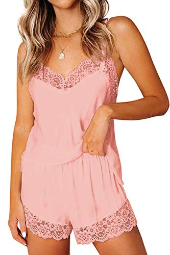 CHYRII Conjunto de pijama sexy de satén de seda para mujer, con ribete de encaje, camisola y pantalones cortos, Rosa, M