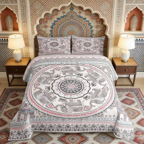 Manfei Bohemian Comforter Set Queen Size Boho Elephant Print Bedding Set 3pcs for Kids Boys Girls Room Decor, Chic Floral Mandala Quilt Set Exotic Flower Animal Print Duvet Set with 2 Pillowcases