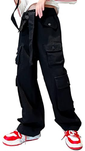 Rolanko Girls Kids Baggy Cargo Pants Y2K Elastic Waist Casual Wide Leg Cargo Trousers with Multi Pockets (Black, 8-10) Big Kid