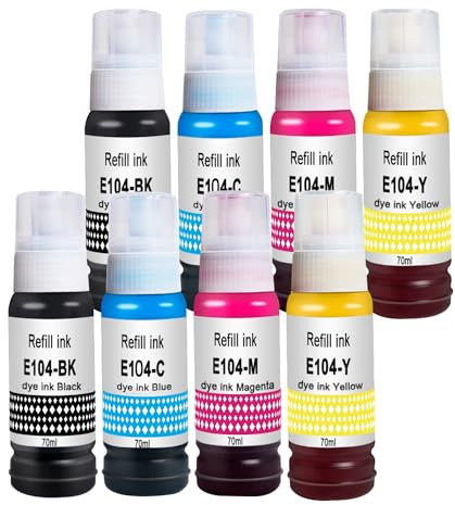 Molabel 8er-Set Tinte (2 Schwarz, 2 Cyan, 2 Gelb, 2 Magenta)–Kompatibel mit Epson 104, geeignet für EcoTank ET-1810,ET-2810,ET-2870,ET-2825,ET-2826,ET-2830,ET-2840,ET-2862,ET-2876,ET-4800,ET-4810