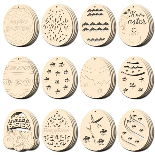 48 Pezzi Pendente Pasquale in Legno, Ornamenti e Artigianato Fai da Te, Uova da Appendere