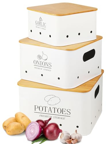 Otauoaea Boite de Rangement pour Pomme de Terre, Oignon et Ail avec Couvercle en Bambou - Lot de 3 Containers de Cuisine, Blanc