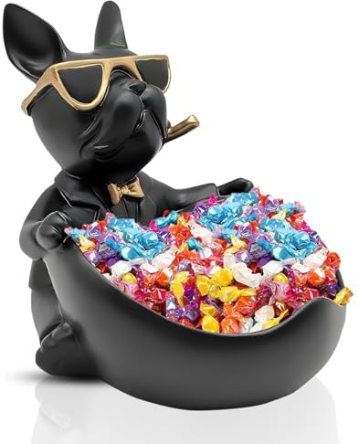 French Bulldog Candy Bowl Decor, Heart-Shaped Key Holder Bowl Candy Dish with Tray, Bulldog Accessories, Resin BulldogStatue for Office Desk Home Decor Figurines Entryway Table Decor (Love,Black)
