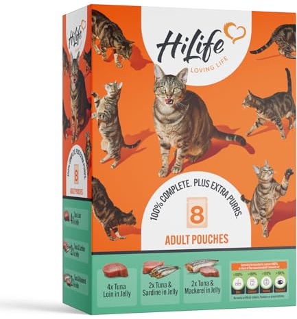HiLife Adult Wet Cat Food, Mixed Seafood Recipes in Jelly, Complete Cat Food Pouches, 100% Natural & Grain Free, Tuna Loin / with Sardine / with Mackerel(8 x 70g Pouches)