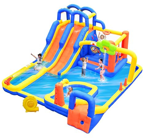 WELLFUNTIME Inflatable Water Slide & Water Park with Blower, Bounce House Jumping Castle Bouncy Castle, Triple Slide Park, 3 Slides, Dartboard, Ring Toss Game & Climbing Wall
