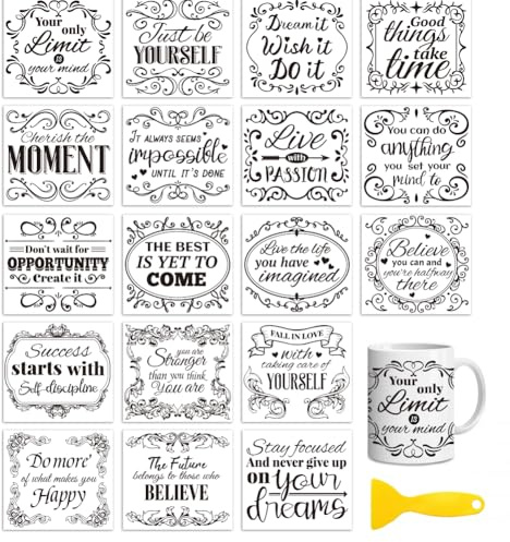 Peacoblue Rub on Transfers for Crafts,18 Sheets 3.9 x 3.6 Inch Watercolor Decals Transfer Stickers Retro and Inspirational Quotes for DIY Glass Cup