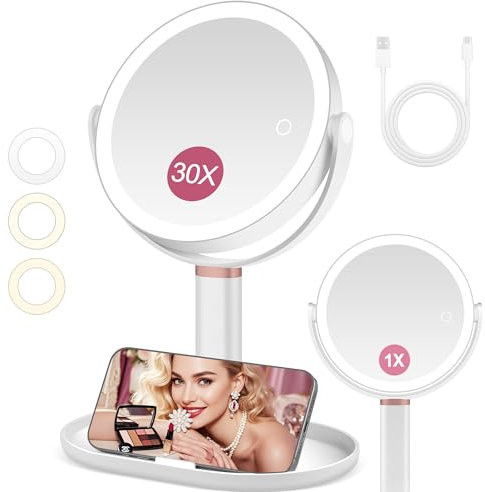 B Beauty Planet Magnifying Mirror with Light 30X/1X Double Sided, Makeup Mirror with Light & Tweezer, 3 Color Modes with Adjustable Brightness & Height, 360° Rotation Detachable(white)